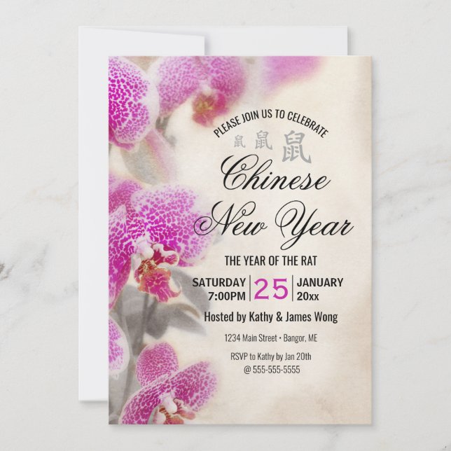 Invitación Orquídea rosa floral china de Año Nuevo (Anverso)
