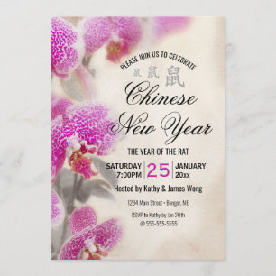 Invitación Orquídea rosa floral china de Año Nuevo