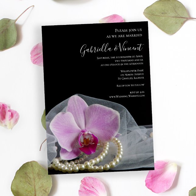 Invitación Orquídea rosa y perlas en Boda negro (Invite guests to your marriage ceremony with the elegant Pink Orchid and Pearls Wedding Invitation.)