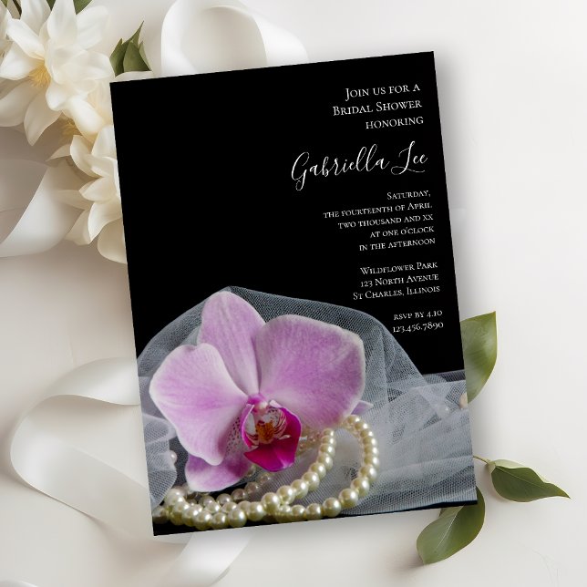 Invitación Orquídea rosa y perlas en ducha de novias negras (Subido por el creador)