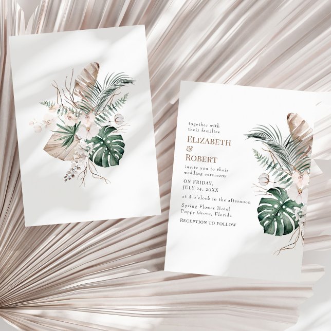 Invitación Orquídea tropical Boho y Boda de Monstera (Boho Tropical Orchid and Monstera Wedding Invitation on a sunny neutral dry palm leaf.)
