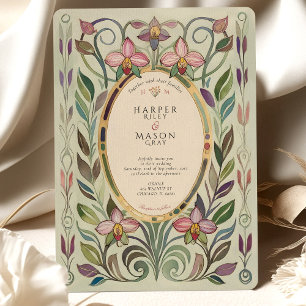 Invitación Orquídea y Boda de oro de estilo Art Nouveau