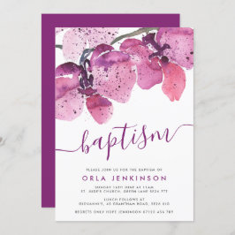 Invitación Orquídeas acuarelas Bautismo púrpura