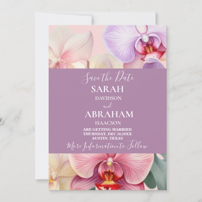 Invitación Orquídeas Arcoíris Pastel Salva la Fecha (Anverso)