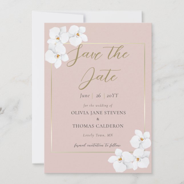 Invitación Orquídeas blancas clásicas acuarela Pink Save Date (Anverso)