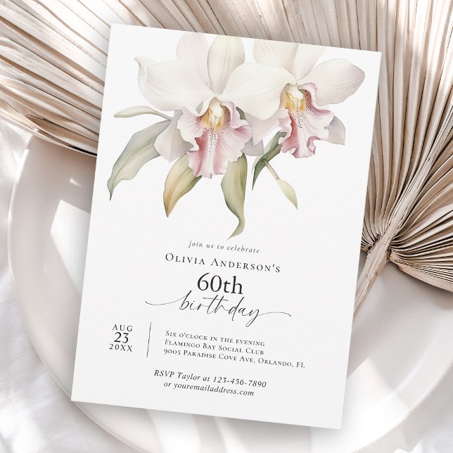 Invitación Orquídeas Blancas Elegantes Floral 60 Cumpleaños (Available in both printed and instant download digital formats.)