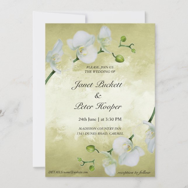 Invitación orquídeas blancas en boda de fondo dorado (Anverso)
