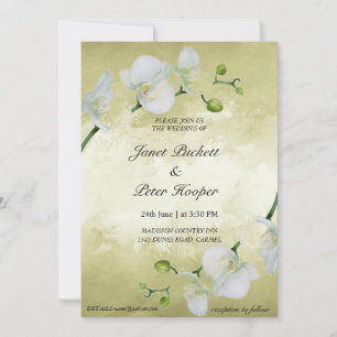 Invitación orquídeas blancas en boda de fondo dorado