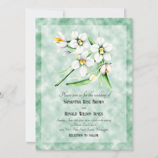 Invitación Orquídeas blancas en boda de fondo verde (Anverso)