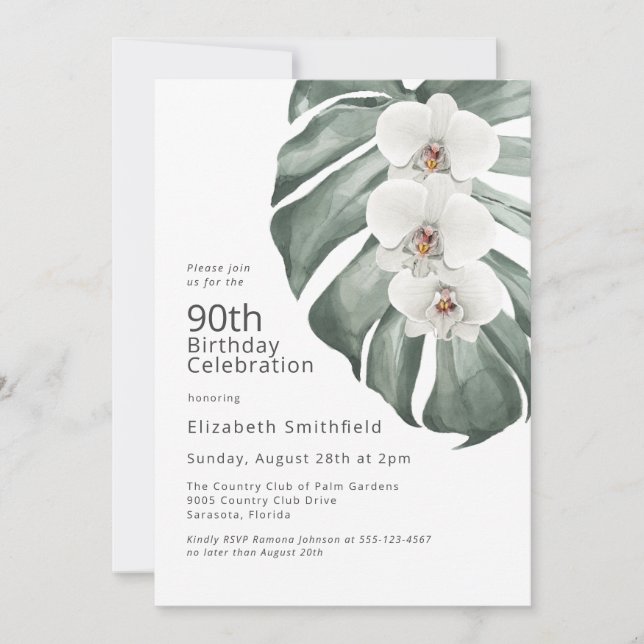 Invitación Orquídeas blancas en el cumpleaños 90 de Monstera  (Anverso)