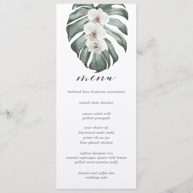 Invitación orquídeas blancas en el menú Boda tropical de Mons (Anverso)