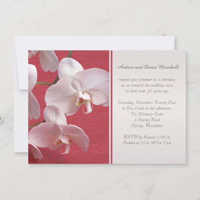 Invitación Orquídeas blancas en la renovación roja del voto (Anverso)