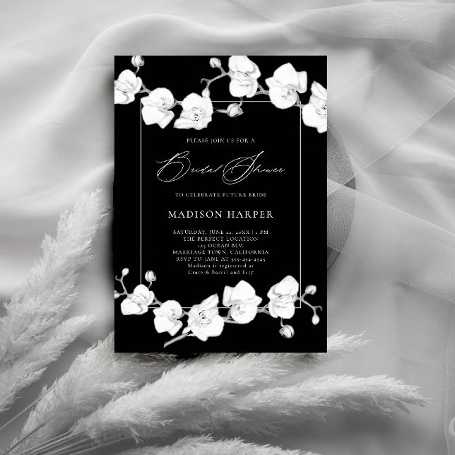 Invitación Orquídeas Blancas Esbozo de Gráficos Negros Ducha  (orchids bridal shower invitation black white art floral sketch modern classic formal elegant chic)
