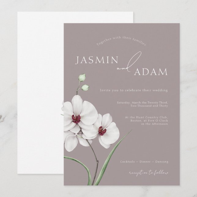Invitación Orquídeas Blancas Gris Modernas Iniciales Boda Flo (Anverso / Reverso)