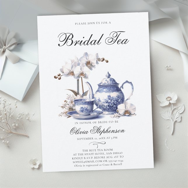 Invitación Orquídeas Blancas Hampton Toile Bridal Tea Shower (bridal tea party white orchids french toile hampton style something blue invitation modern elegant)