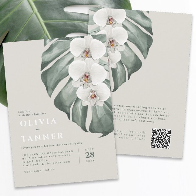 Invitación Orquídeas blancas modernas Código QR Boda tropical (Available in both printed and digital formats.)