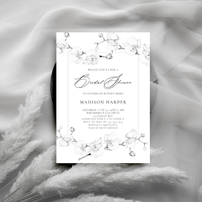 Invitación Orquídeas blancas negras arte moderno ducha de nov (orchids bridal shower invitation black and white art floral sketch modern classic formal romantic)
