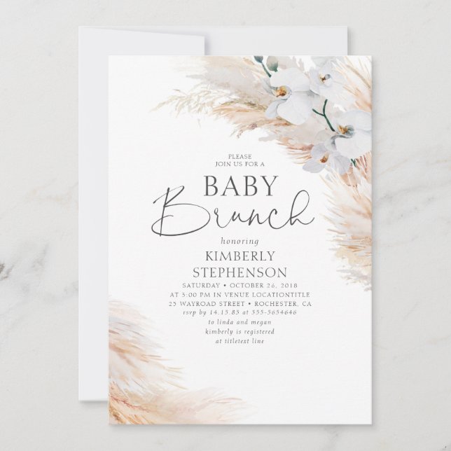 Invitación Orquídeas Blancas Pampas Baby Shower Brunch Grass (Anverso)