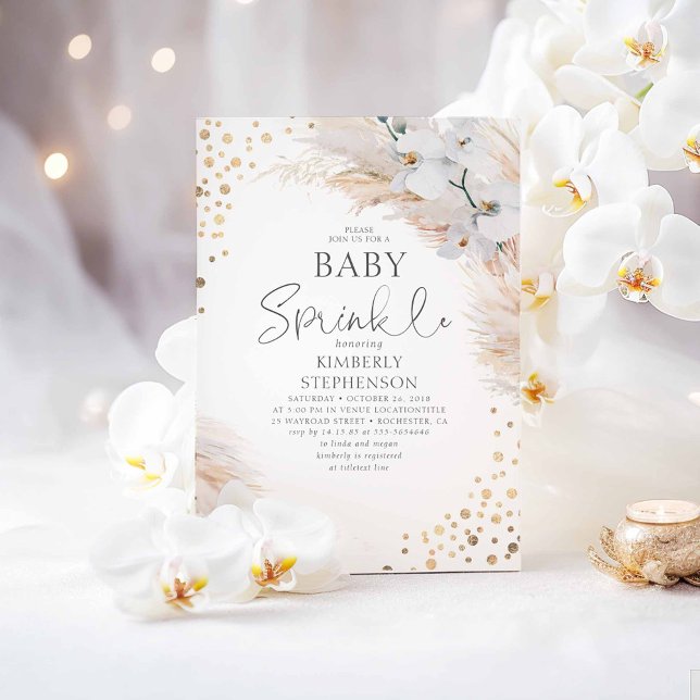 Invitación Orquídeas Blancas Pampas Grass Baby Shower Sprinkl (Baby Sprinkle Boho Baby Shower Invitations)