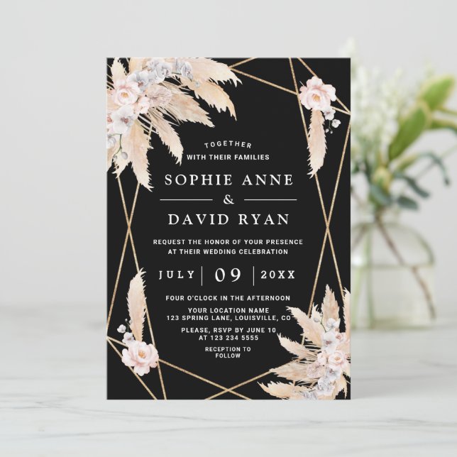 Invitación Orquídeas Blancas Rosa Pampas Boda negro de hierba (Anverso de pie)