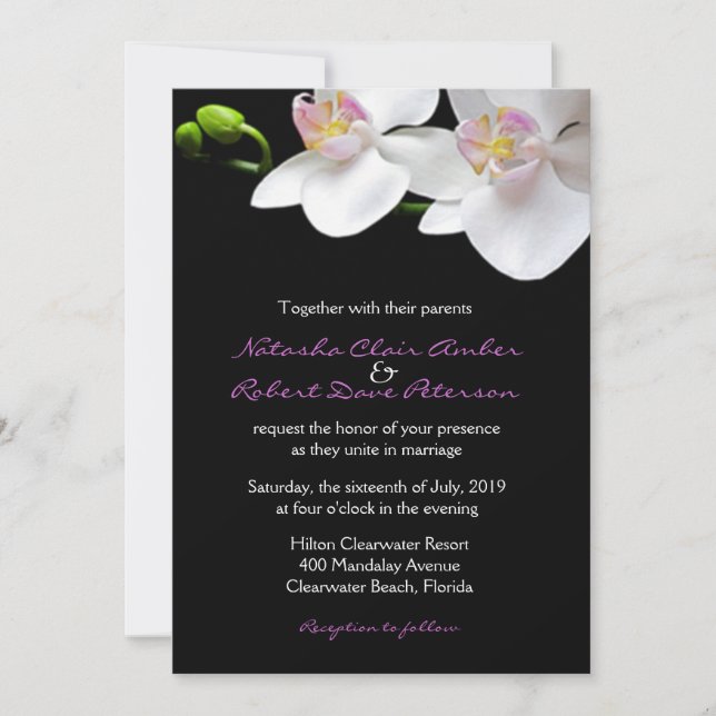 Invitación Orquídeas Blancas Rosadas en Boda Negra/Para Cualq (Anverso)