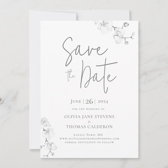 Invitación Orquídeas Boda Caligrafía Moderna Save the Date (Anverso)