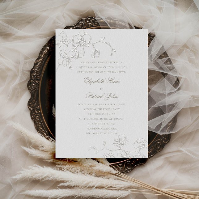 Invitación Orquídeas Boda formal tradicional de marfil románt (orchids wedding invitation formal traditional modern classic art sketch ivory calligraphy royal chic)