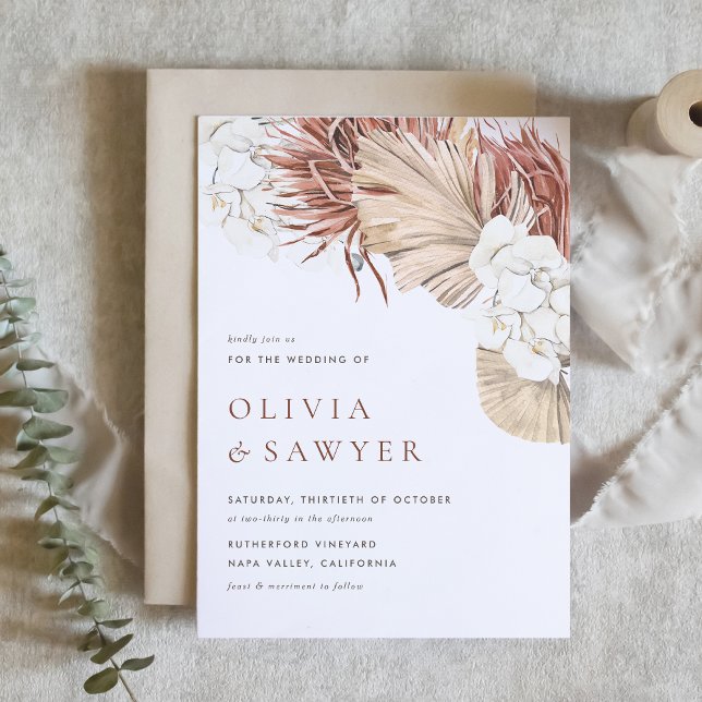 Invitación Orquídeas Boho y Palma Seca dejan Boda de código Q (This QR code wedding invitation is perfect for modern weddings with a natural or boho theme.)