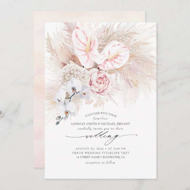 Invitación Orquídeas de antruro rosa y Boda de gramíneas de p (Anverso / Reverso)