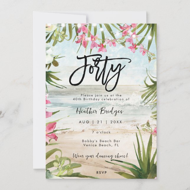 Invitación Orquídeas de playa tropical fiesta de 40 años (Anverso)