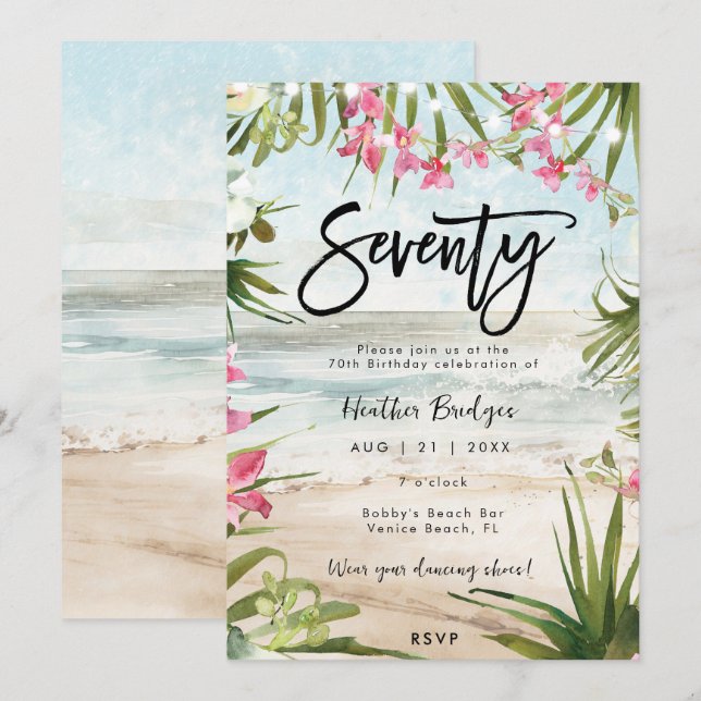 Invitación orquídeas de playa tropical para 70 años (Anverso / Reverso)
