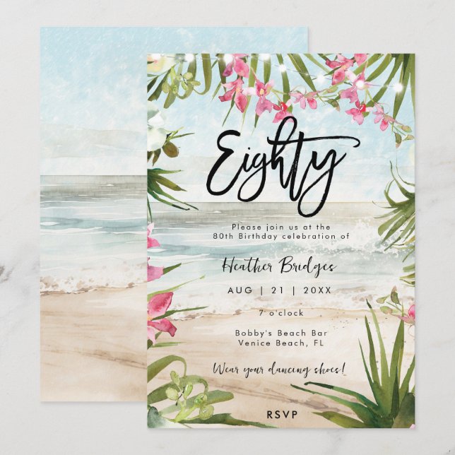 Invitación orquídeas de playa tropical para 80 años (Anverso / Reverso)