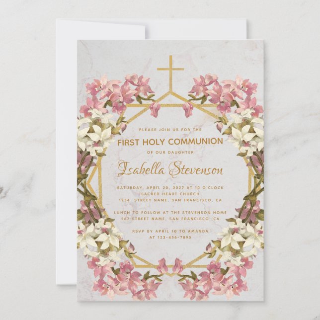 Invitación Orquídeas florales Marble Gold Primera Comunión Sa (Anverso)