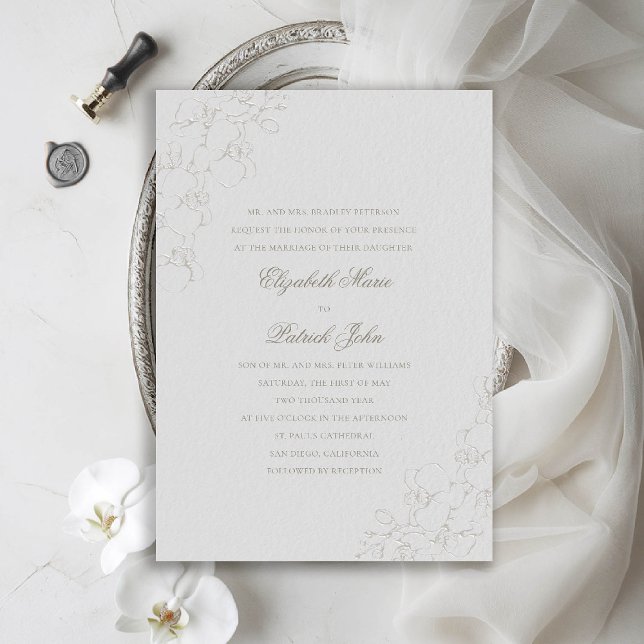 Invitación Orquídeas Marfil Boda formal tradicional (orchids wedding invitation formal traditional modern classic double frame ivory faux embossed silky)