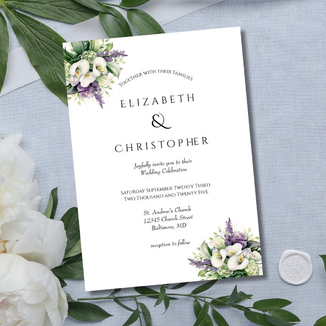 Invitación Orquídeas Moradas Lirios de Calla Blancos Floral B (Purple Orchids White Calla Lilies Floral Flowers Modern Elegant Wedding Invitation)