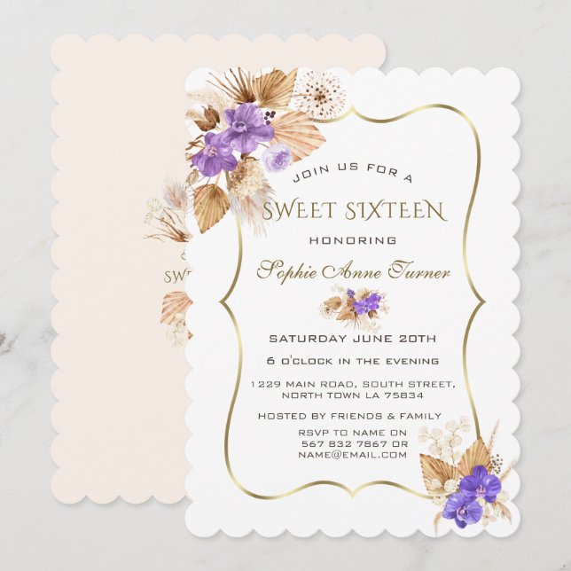 Invitación Orquídeas Moradas Pampas Marco de Oro Grass Dulce  (Anverso / Reverso)