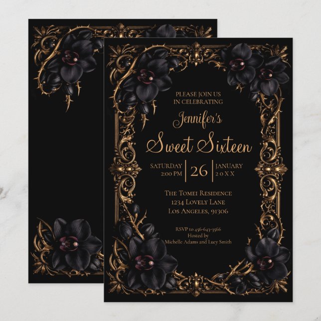 Invitación Orquídeas Negras Dulces 16 Góticamente (Anverso / Reverso)
