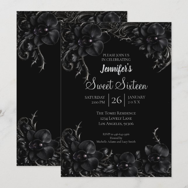Invitación Orquídeas Negras Dulces 16 Góticamente (Anverso / Reverso)