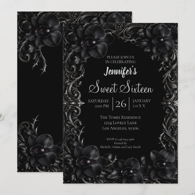 Invitación Orquídeas Negras Dulces 16 Góticamente (Anverso / Reverso)