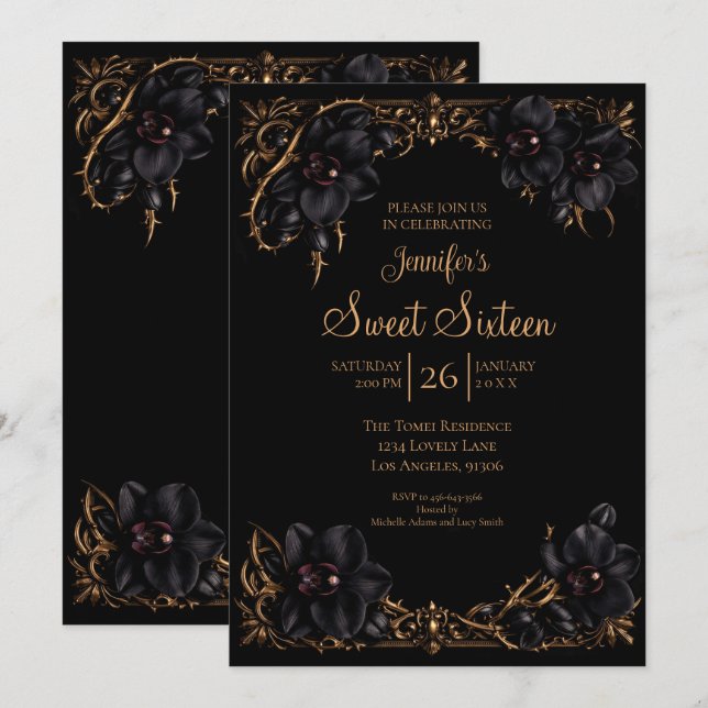 Invitación Orquídeas Negras Dulces 16 Góticamente (Anverso / Reverso)