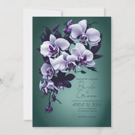 Invitación Orquídeas púrpuras en un fondo verde.