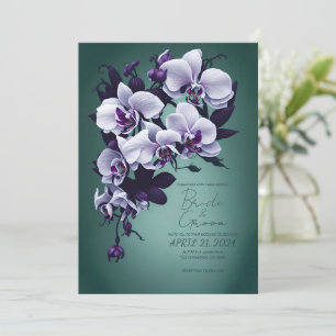 Invitación Orquídeas púrpuras en un fondo verde.