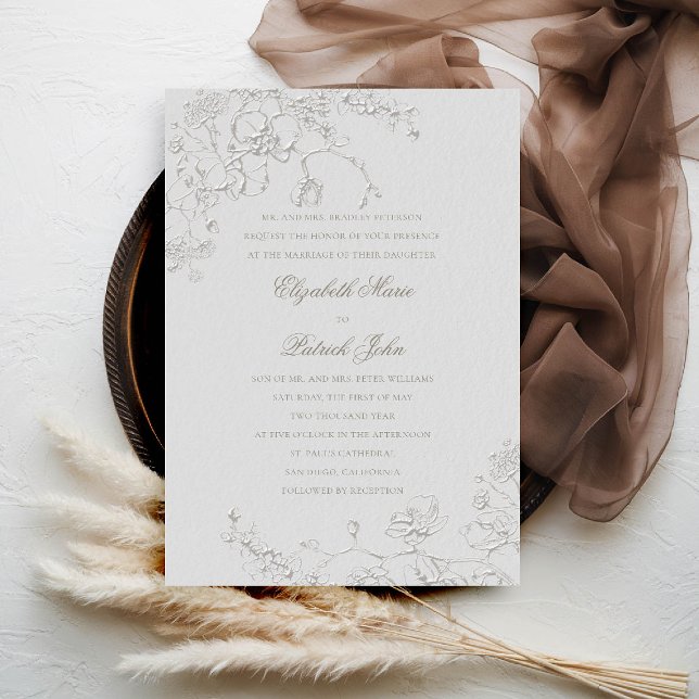 Invitación Orquídeas Reverie Ivory Formal Boda Tradicional (orchids wedding invitation formal traditional modern classic art sketch ivory calligraphy cherry)