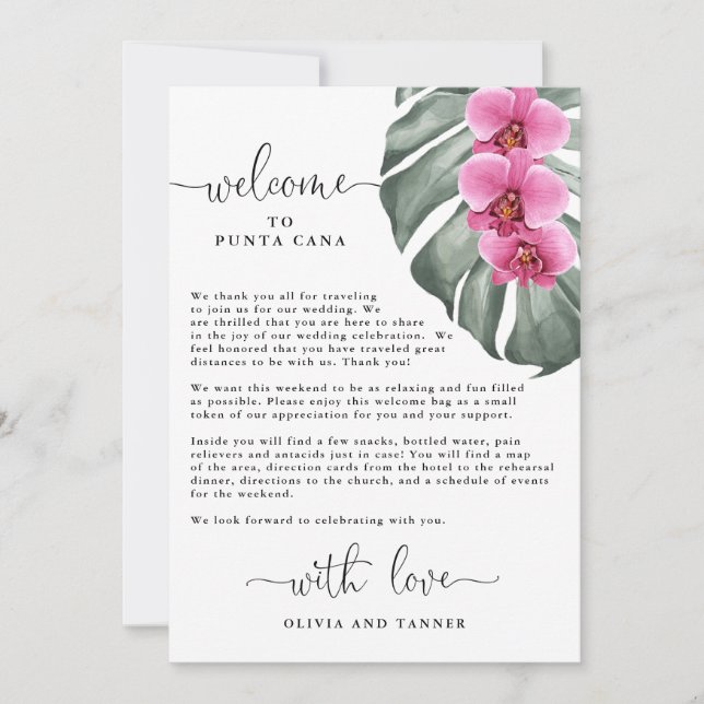 Invitación Orquídeas Rosa Brillante y Bienvenida Tropical de  (Anverso)