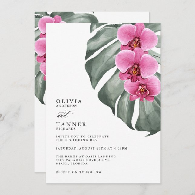 Invitación Orquídeas rosadas calientes en Boda tropical de Mo (Anverso / Reverso)