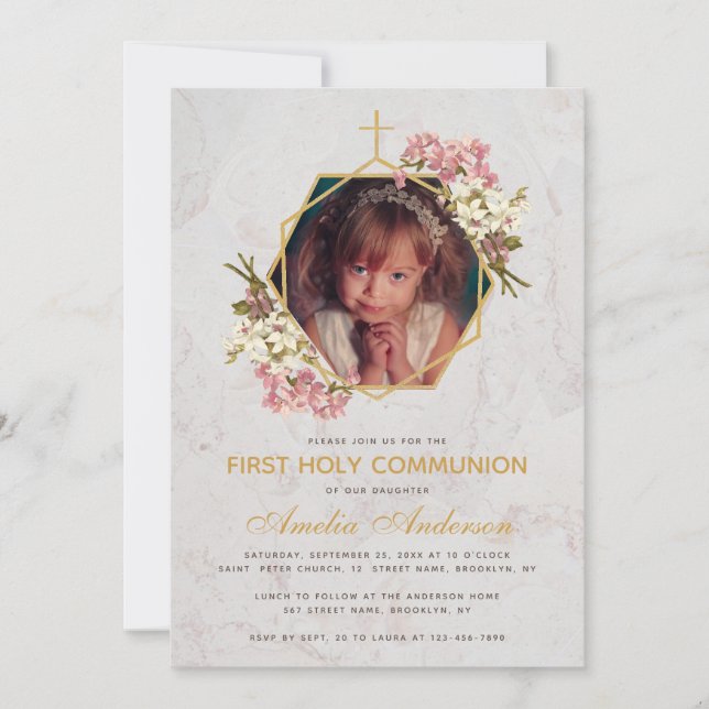 Invitación Orquídeas rosadas de mármol dorado de primera comu (Anverso)