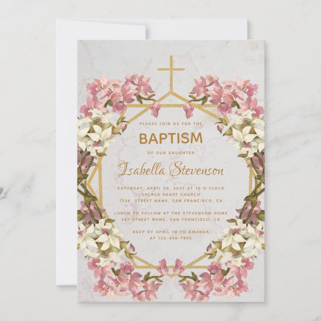 Invitación Orquídeas rosadas de oro floral Marble Bautismo ge (Anverso)