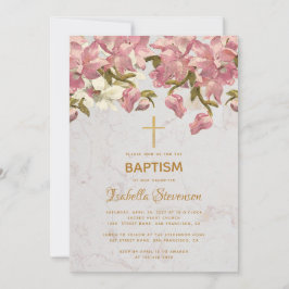 Invitación Orquídeas rosadas florales Marble Gold Cross Bapti