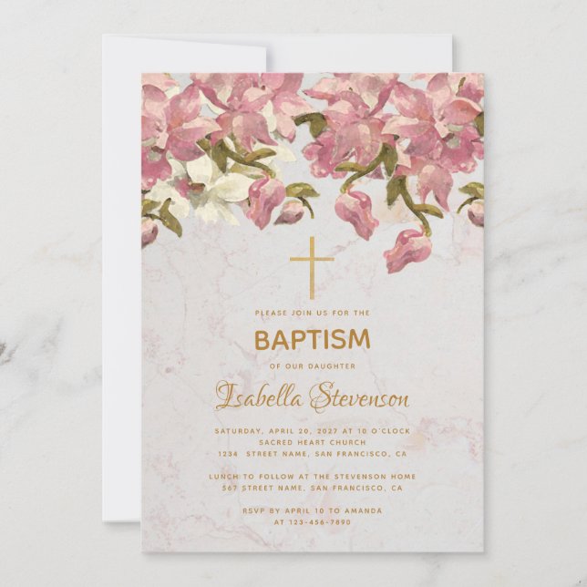 Invitación Orquídeas rosadas florales Marble Gold Cross Bapti (Anverso)