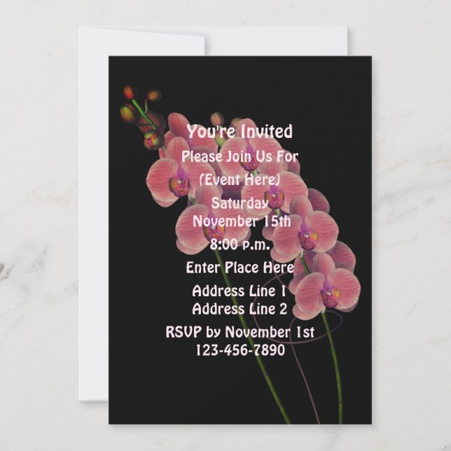Invitación Orquídeas Rosadas Sobre El Fiesta Floral Negro (Anverso)